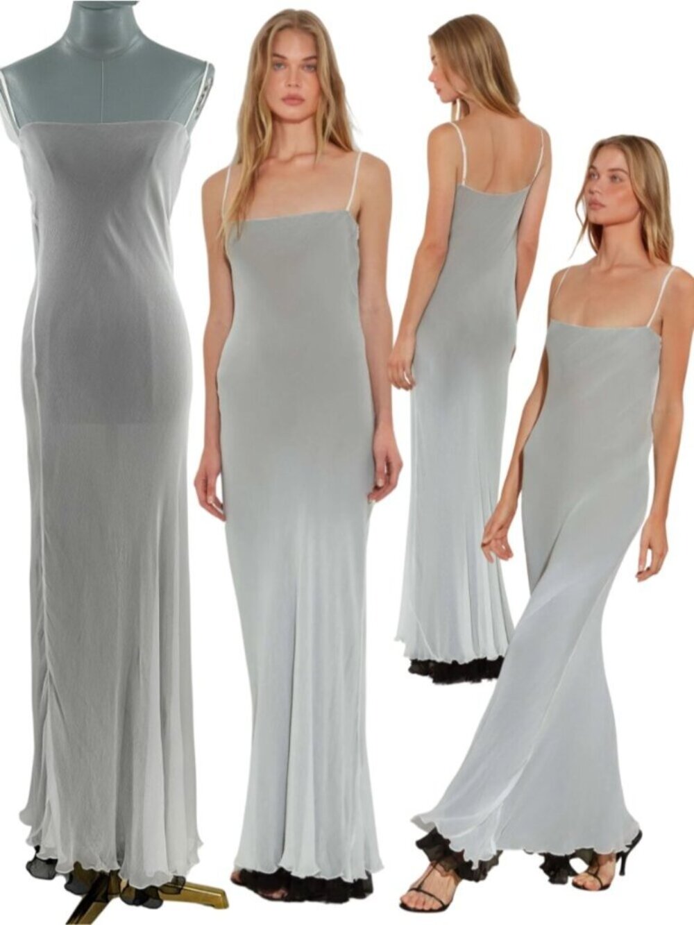 🆕 RAT & BOA 🧿 NWOT Marzia Double Layered Slip Maxi Dress, White Grey - Sz XXS
